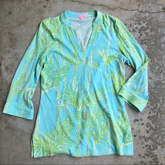 Lilly Pulitzer Joy Top Knit Tunic Big Bam Bamboo Printed Green Blue S - Picture 1 of 5